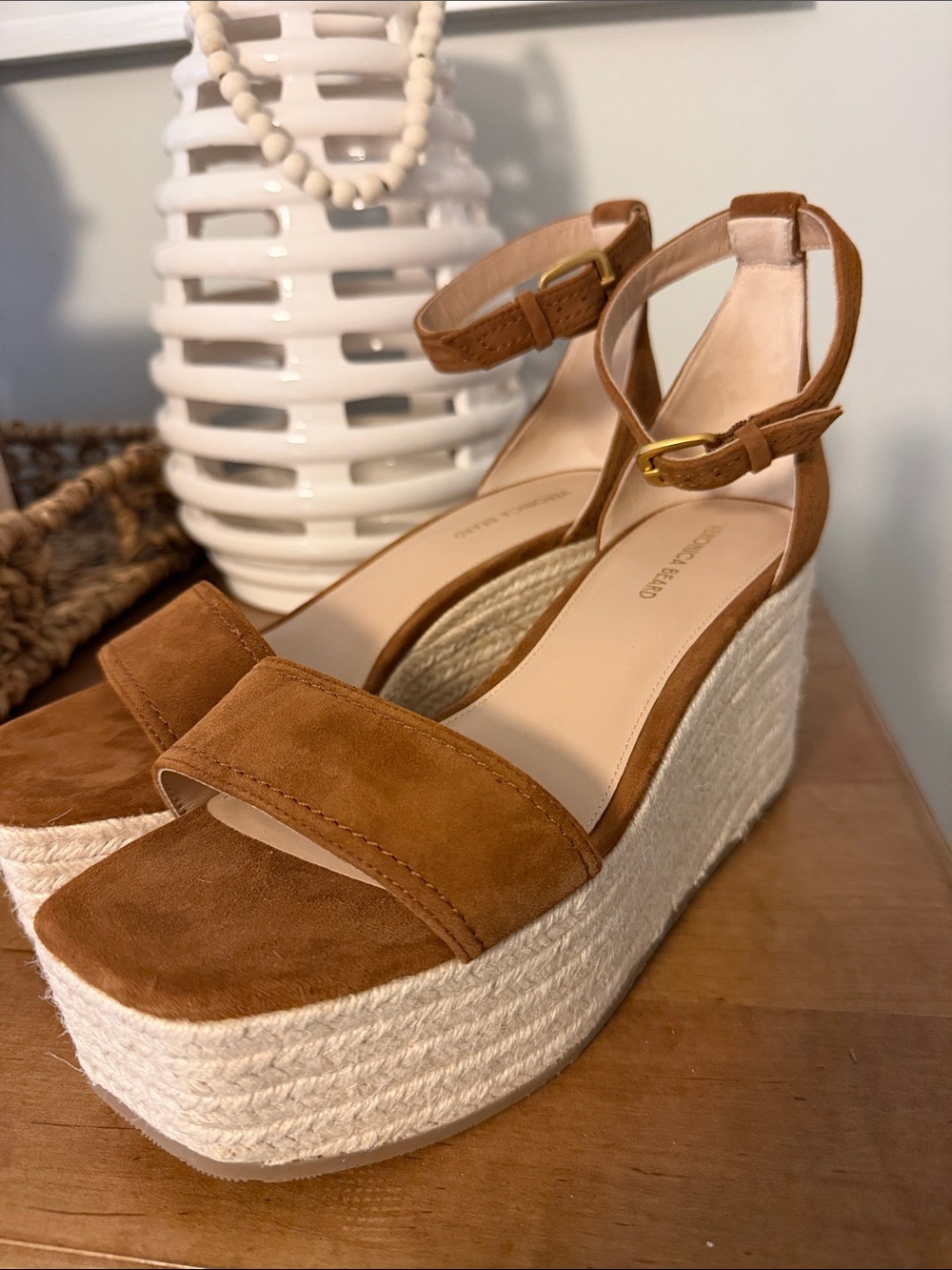 Veronica Beard Tan Suede Espadrille Wedge Sandals